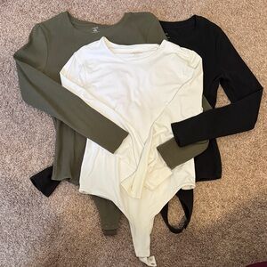Nuuds Women's Long Sleeve Bodysuits lot of 3- Olive, Black, White